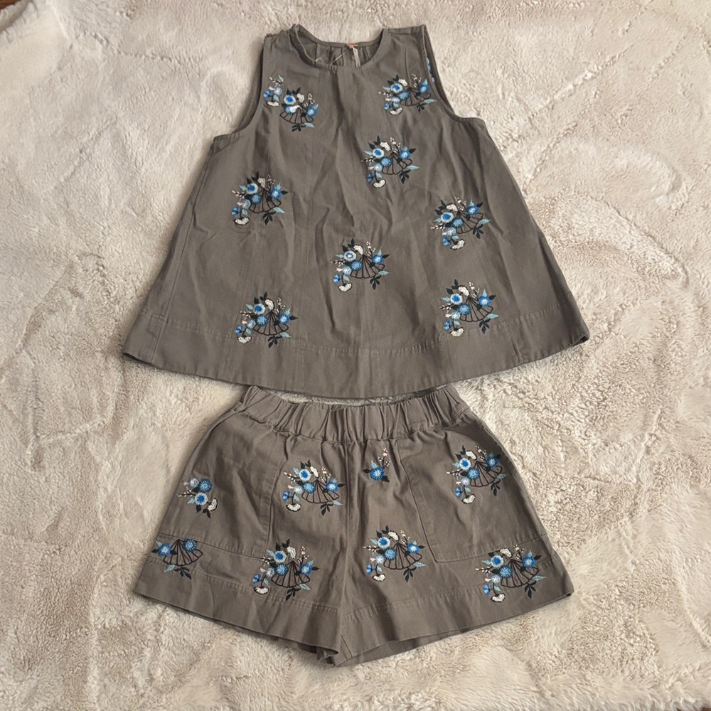 Free People Gray Floral Embroidered Set